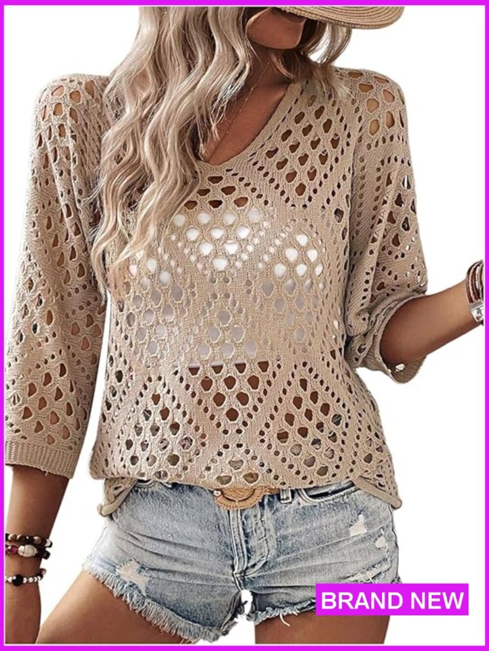 Crochet Beach Sweater 3/4 Sleeve Boho Off The Shoulder Summer Cover Up